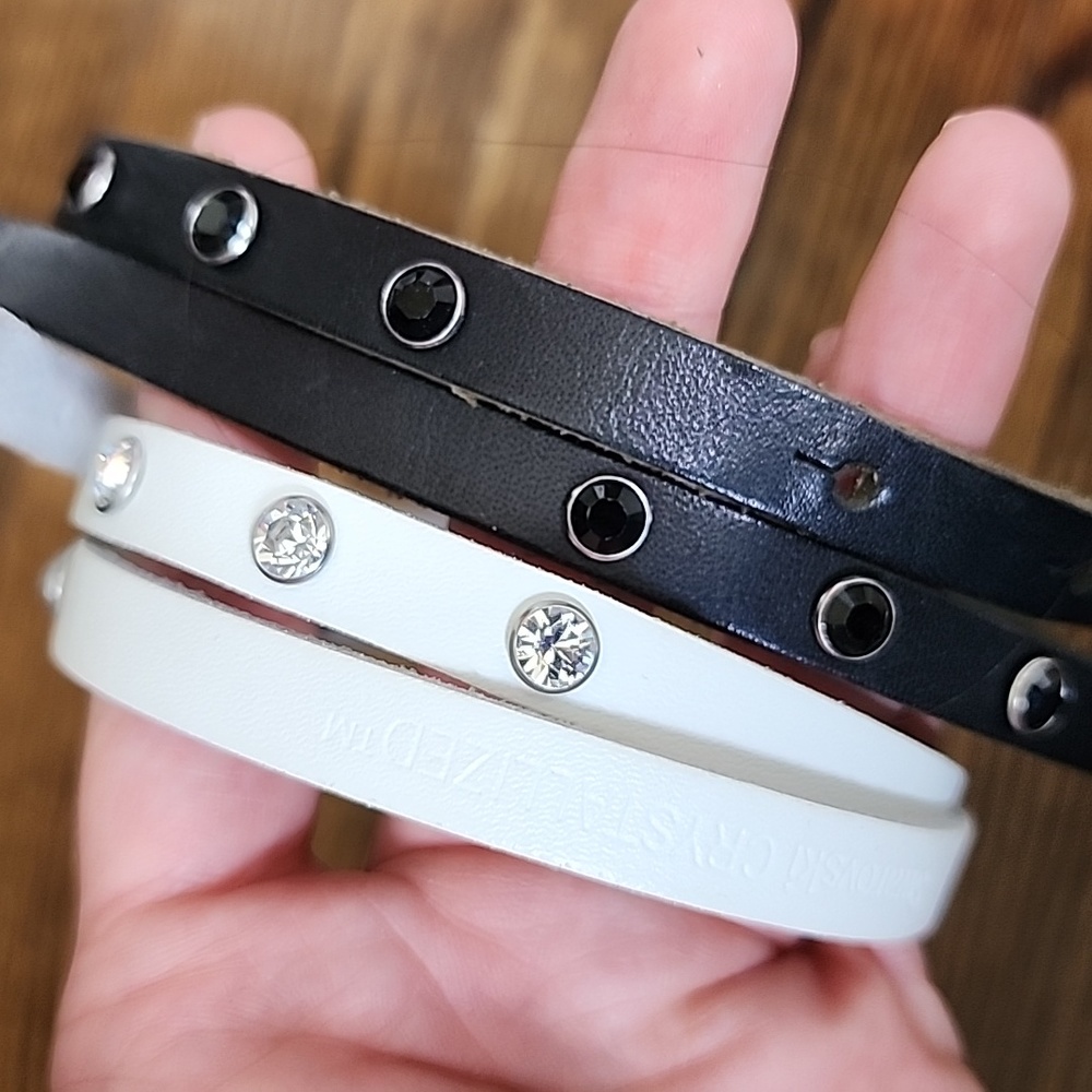 Set of 2 Swarovski Crystalized Leather Wrap Bracelets, Black and White